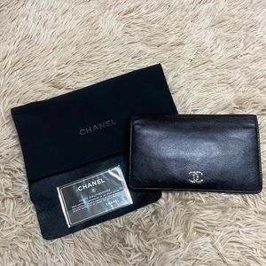 Auth Chanel Calfskin Large Bi-fold Long Wallet